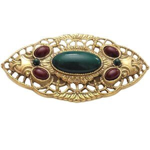 1928 Jewelry Brand Gold Tone Wine, Green Lucite Cab Filigree Oval Brooch K10
